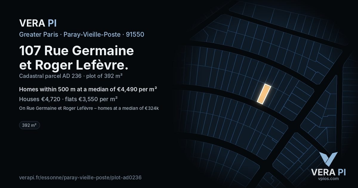 107 Rue Germaine et Roger Lefèvre, Paray-Vieille-Poste at night – the plot lit, the parcels around coloured by the prices near them