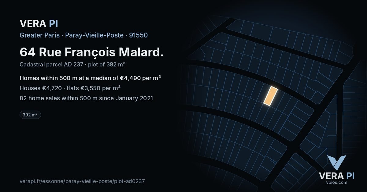 64 Rue François Malard, Paray-Vieille-Poste at night – the plot lit, the parcels around coloured by the prices near them