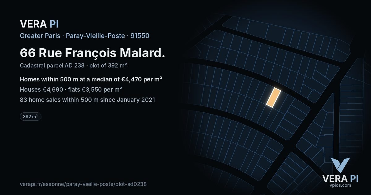 66 Rue François Malard, Paray-Vieille-Poste at night – the plot lit, the parcels around coloured by the prices near them