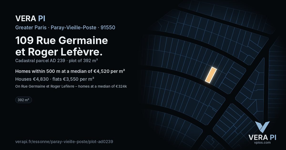109 Rue Germaine et Roger Lefèvre, Paray-Vieille-Poste at night – the plot lit, the parcels around coloured by the prices near them