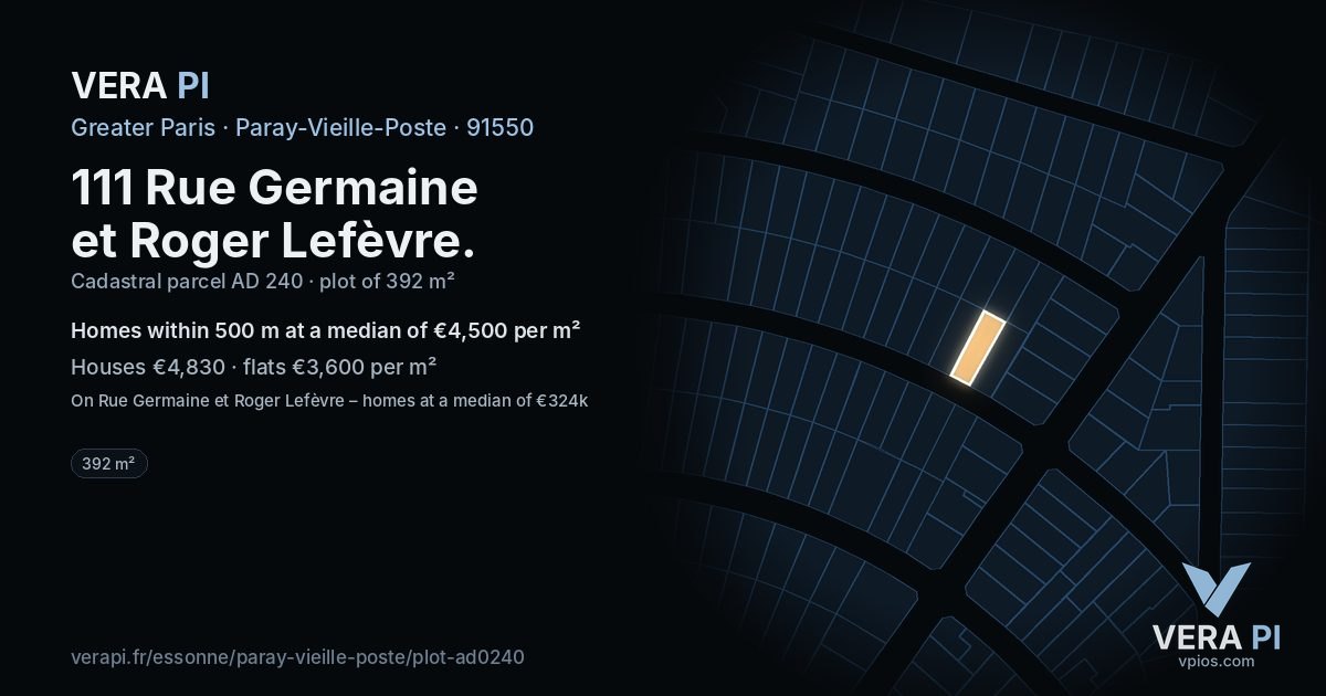 111 Rue Germaine et Roger Lefèvre, Paray-Vieille-Poste at night – the plot lit, the parcels around coloured by the prices near them