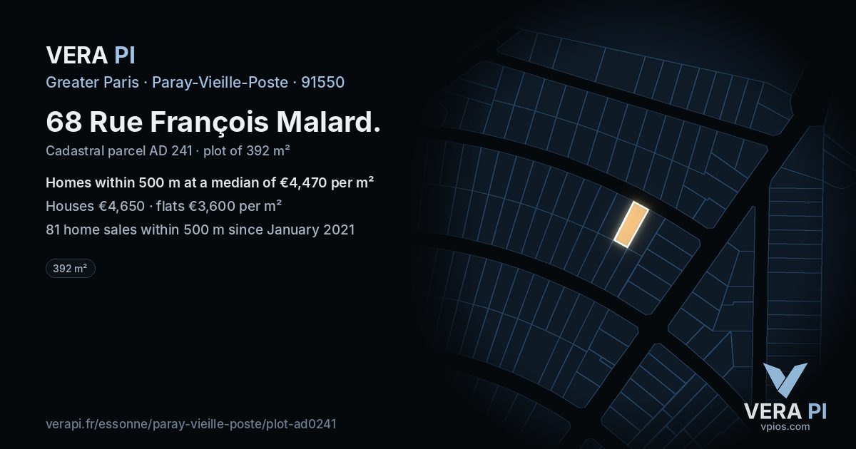 68 Rue François Malard, Paray-Vieille-Poste at night – the plot lit, the parcels around coloured by the prices near them