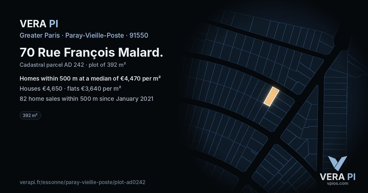 70 Rue François Malard, Paray-Vieille-Poste at night – the plot lit, the parcels around coloured by the prices near them