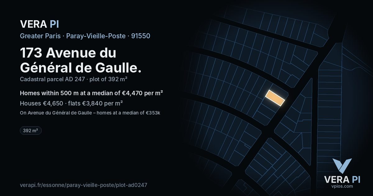 173 Avenue du Général de Gaulle, Paray-Vieille-Poste at night – the plot lit, the parcels around coloured by the prices near them