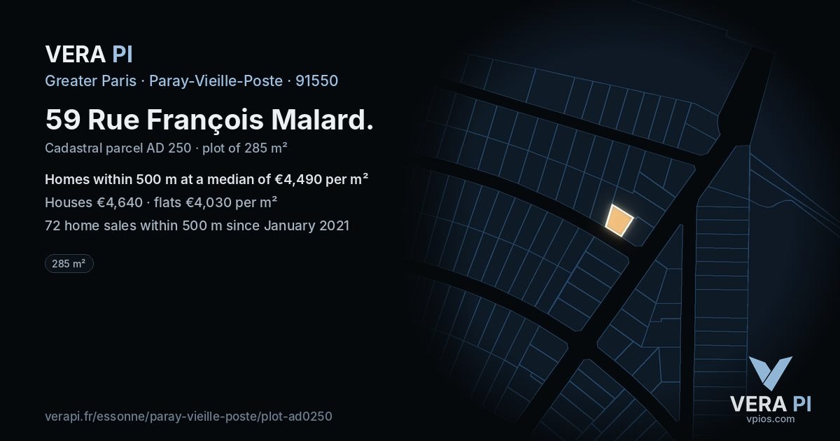 59 Rue François Malard, Paray-Vieille-Poste at night – the plot lit, the parcels around coloured by the prices near them