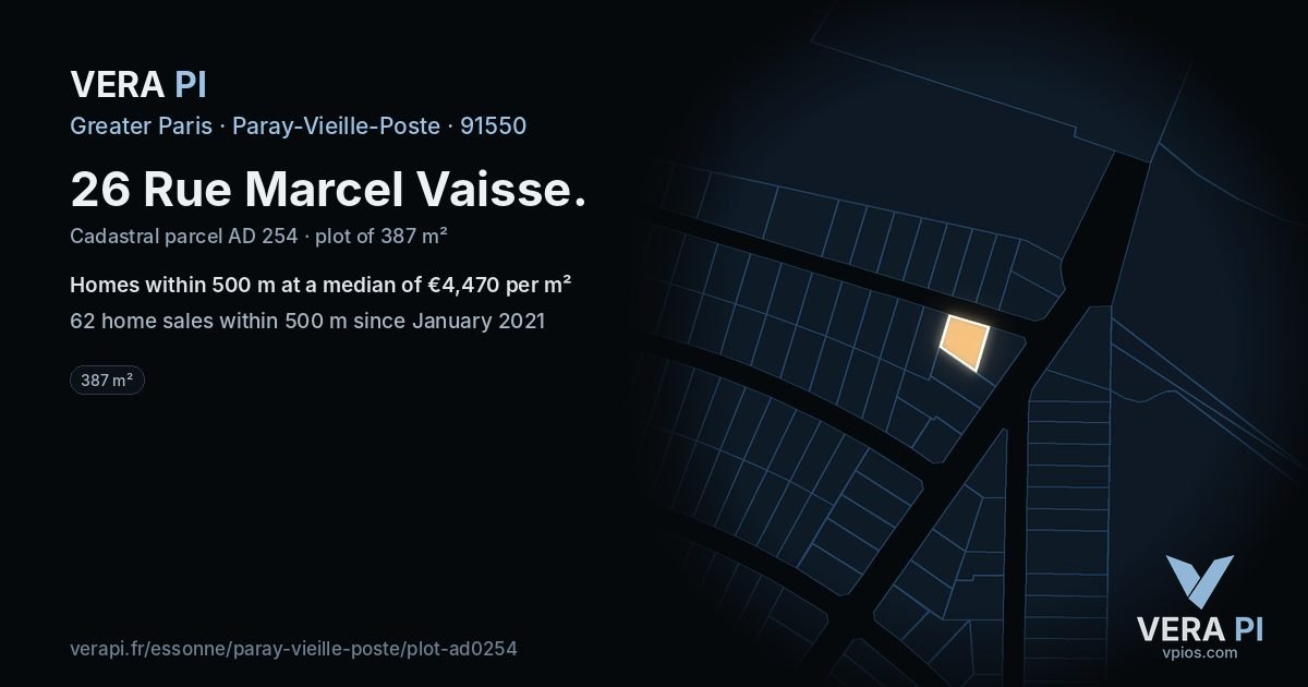 26 Rue Marcel Vaisse, Paray-Vieille-Poste at night – the plot lit, the parcels around coloured by the prices near them