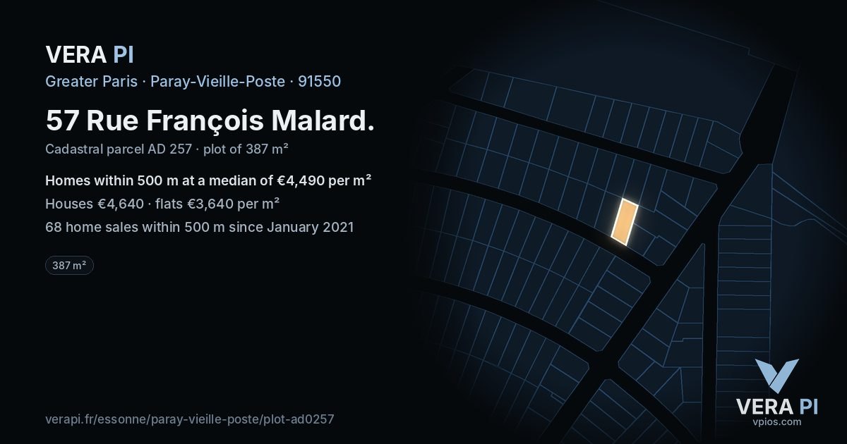 57 Rue François Malard, Paray-Vieille-Poste at night – the plot lit, the parcels around coloured by the prices near them