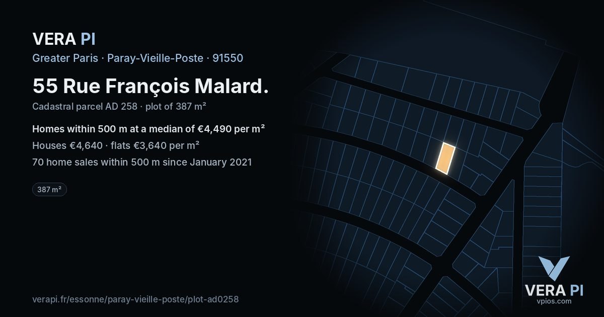 55 Rue François Malard, Paray-Vieille-Poste at night – the plot lit, the parcels around coloured by the prices near them