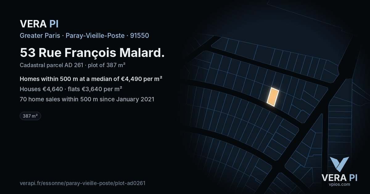 53 Rue François Malard, Paray-Vieille-Poste at night – the plot lit, the parcels around coloured by the prices near them