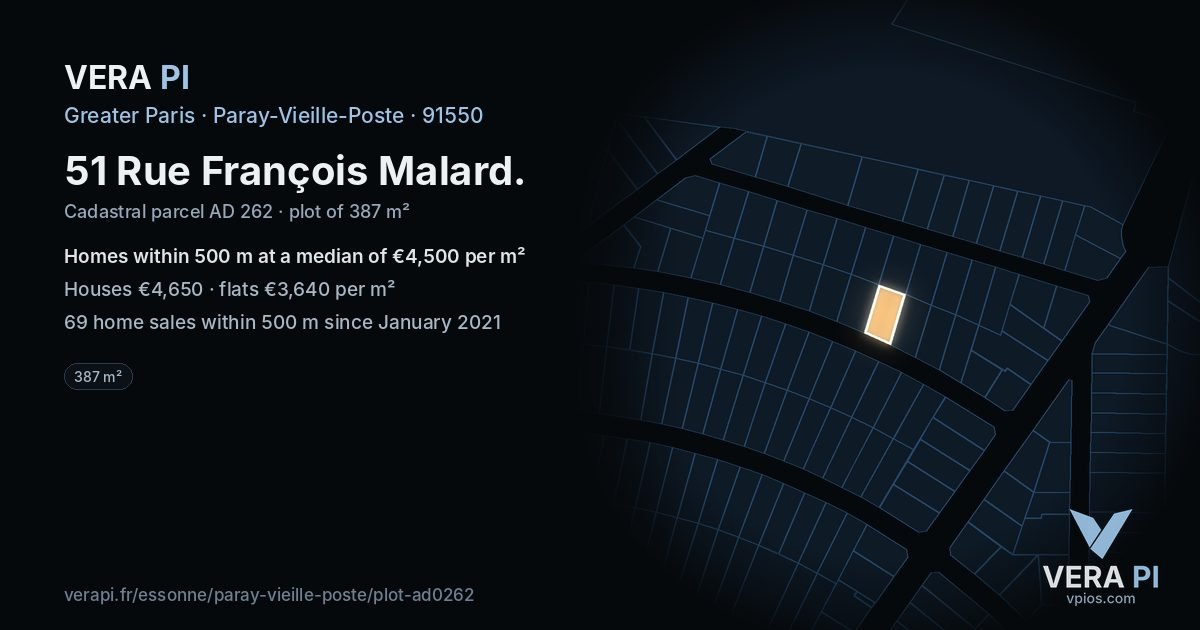 51 Rue François Malard, Paray-Vieille-Poste at night – the plot lit, the parcels around coloured by the prices near them