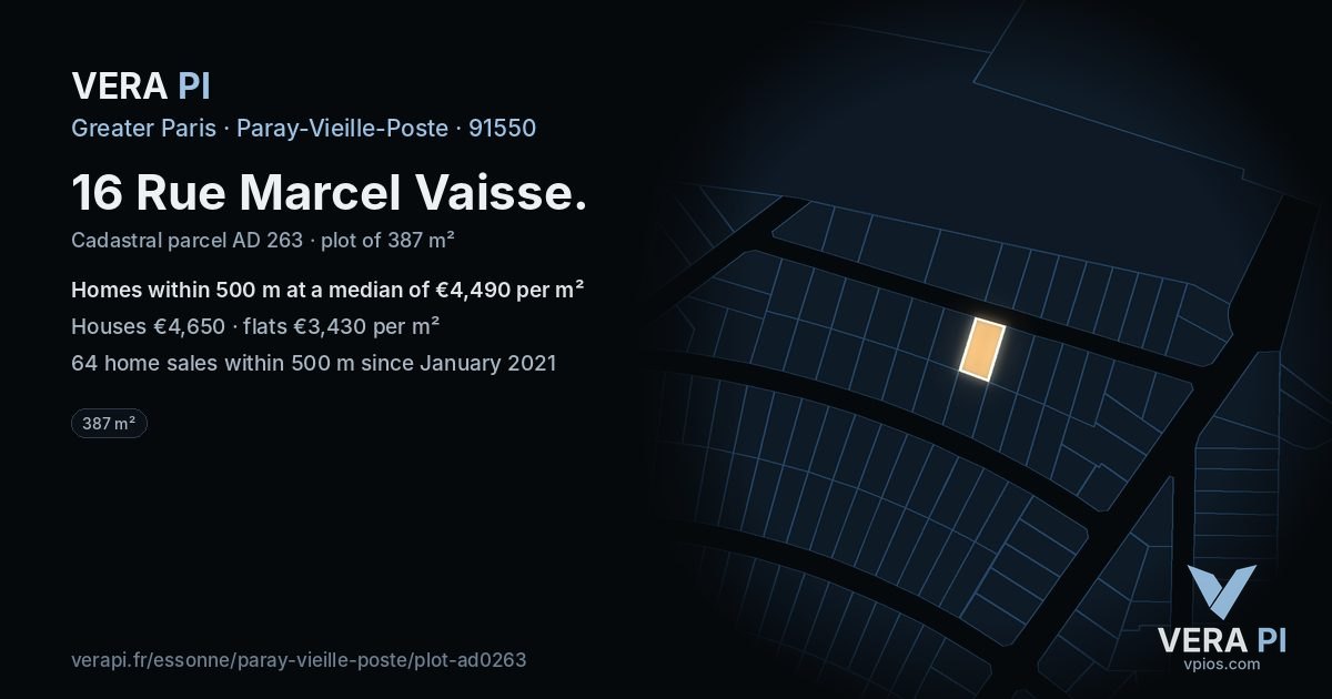 16 Rue Marcel Vaisse, Paray-Vieille-Poste at night – the plot lit, the parcels around coloured by the prices near them