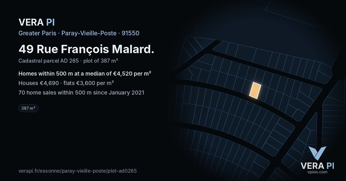 49 Rue François Malard, Paray-Vieille-Poste at night – the plot lit, the parcels around coloured by the prices near them