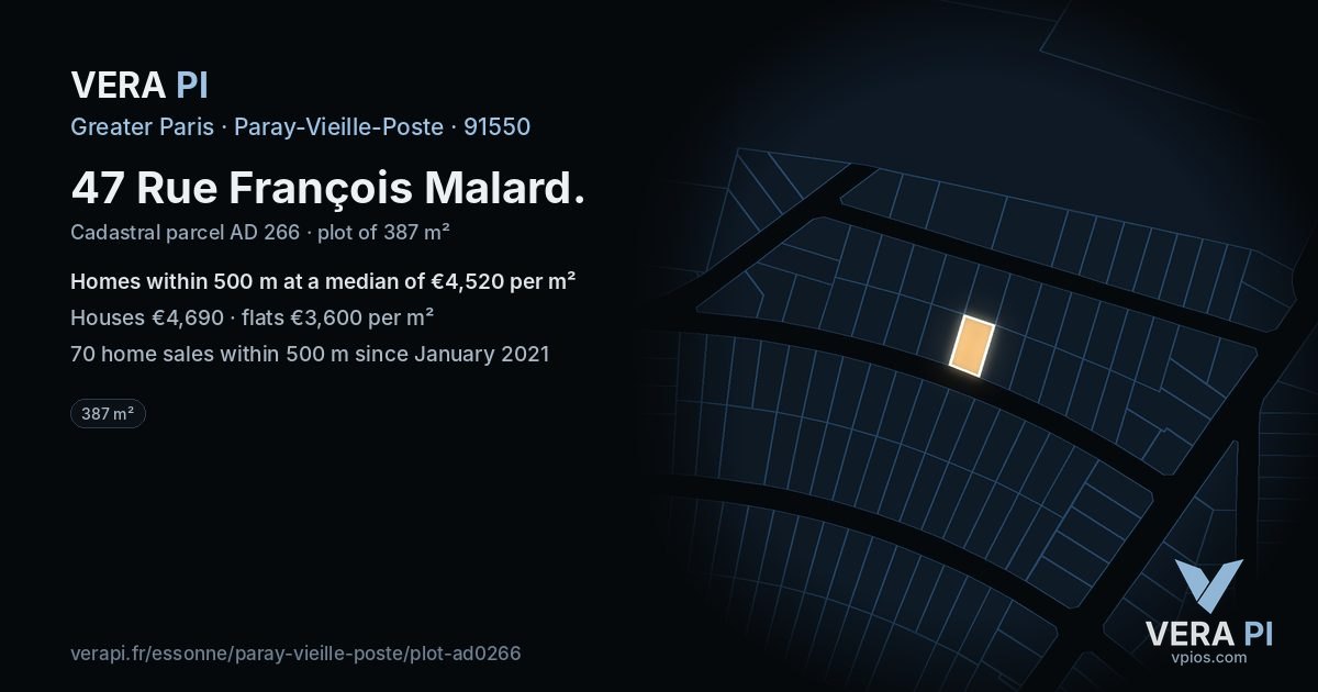 47 Rue François Malard, Paray-Vieille-Poste at night – the plot lit, the parcels around coloured by the prices near them