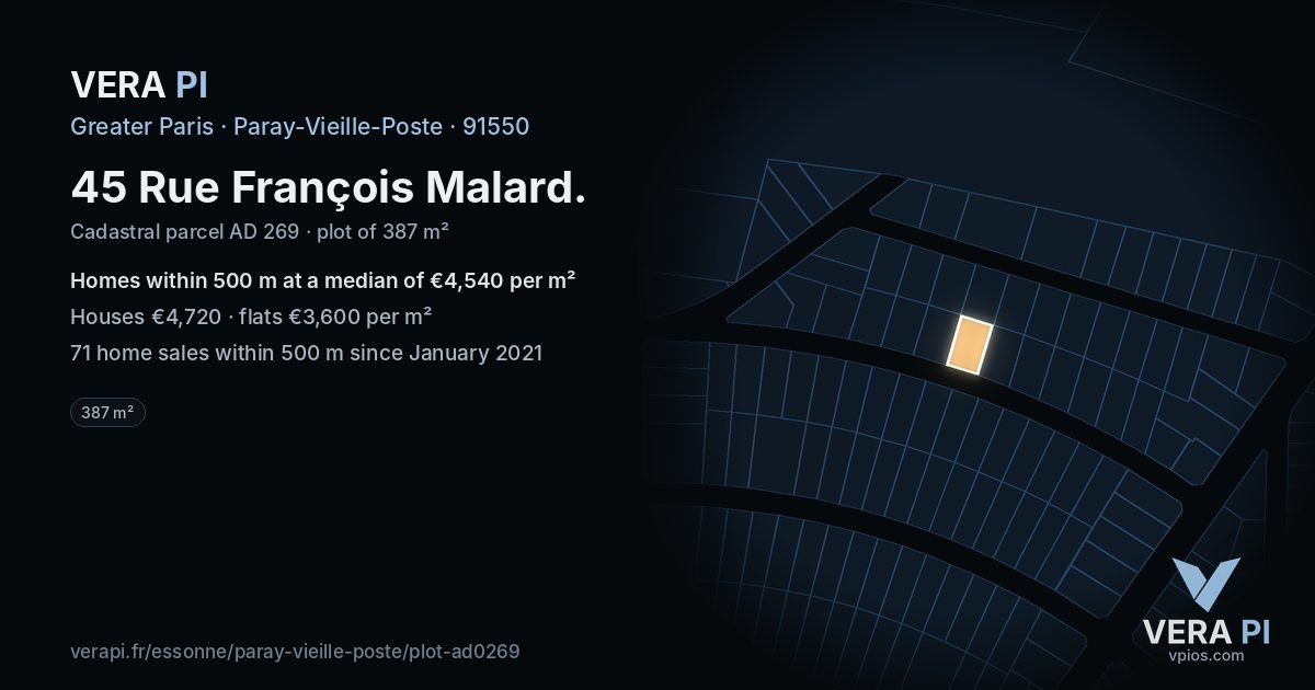 45 Rue François Malard, Paray-Vieille-Poste at night – the plot lit, the parcels around coloured by the prices near them