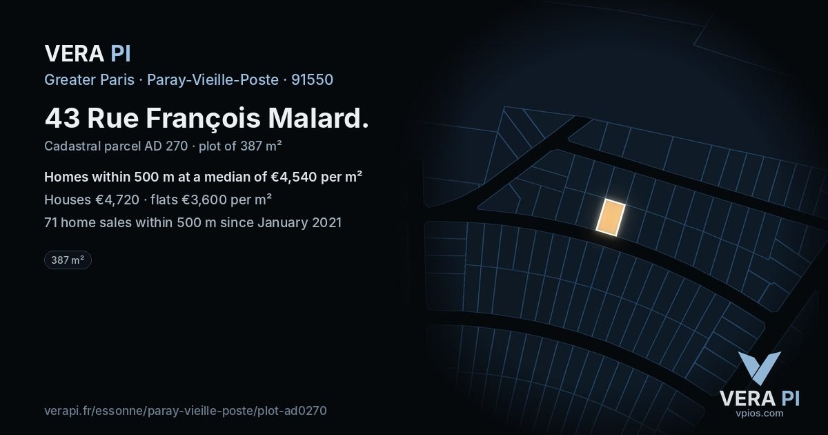 43 Rue François Malard, Paray-Vieille-Poste at night – the plot lit, the parcels around coloured by the prices near them