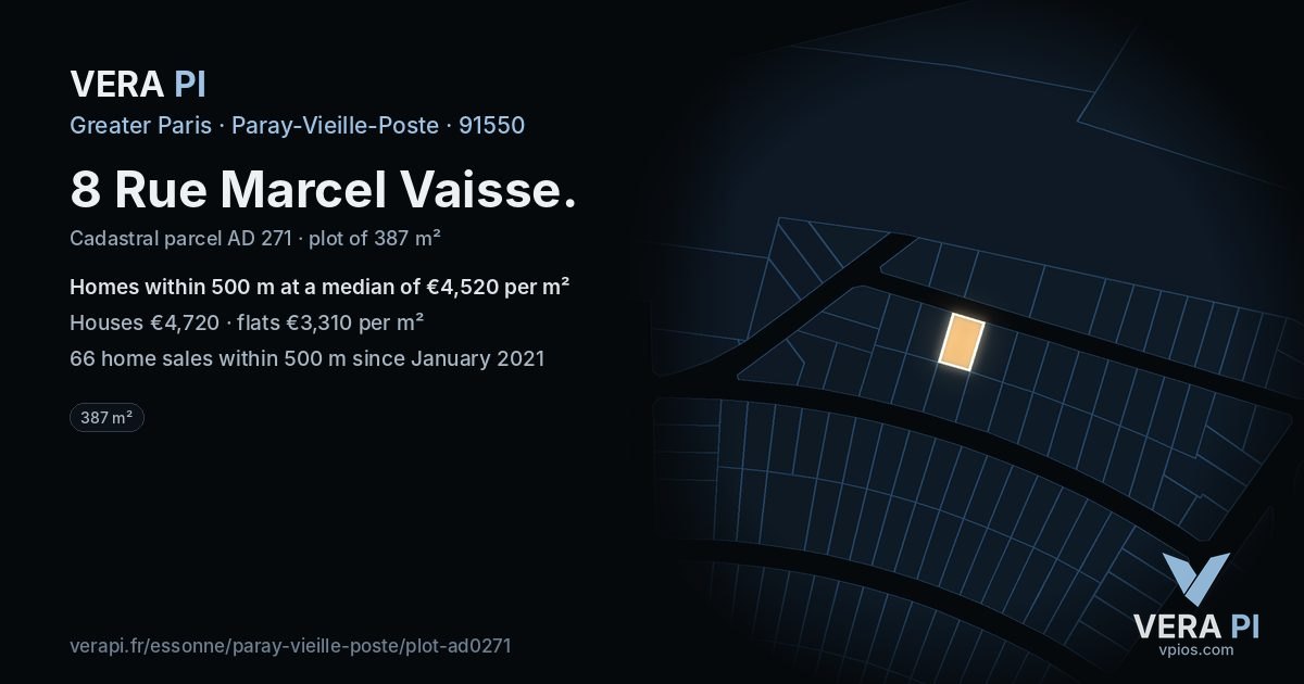 8 Rue Marcel Vaisse, Paray-Vieille-Poste at night – the plot lit, the parcels around coloured by the prices near them