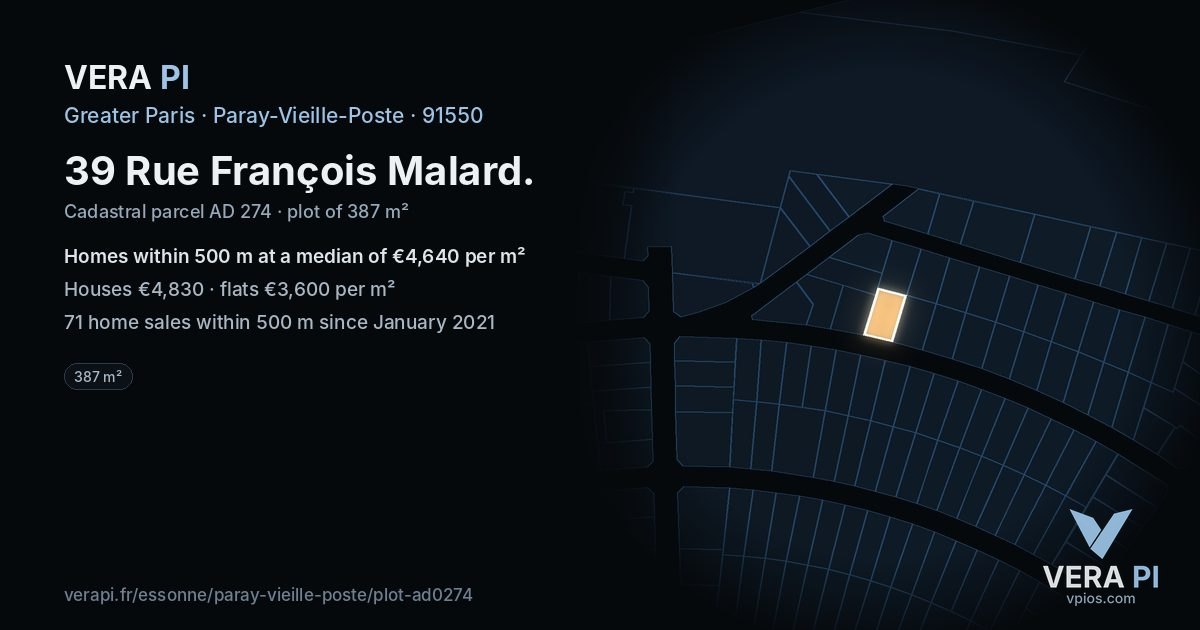39 Rue François Malard, Paray-Vieille-Poste at night – the plot lit, the parcels around coloured by the prices near them