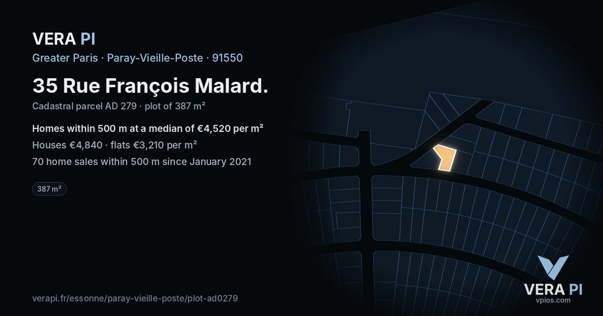 35 Rue François Malard, Paray-Vieille-Poste at night – the plot lit, the parcels around coloured by the prices near them