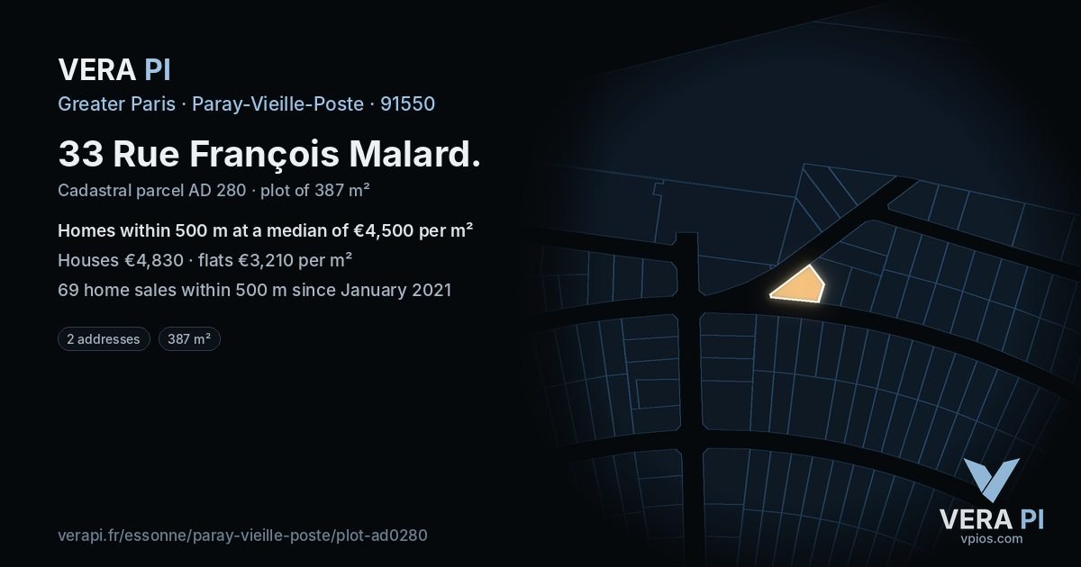 33 Rue François Malard, Paray-Vieille-Poste at night – the plot lit, the parcels around coloured by the prices near them