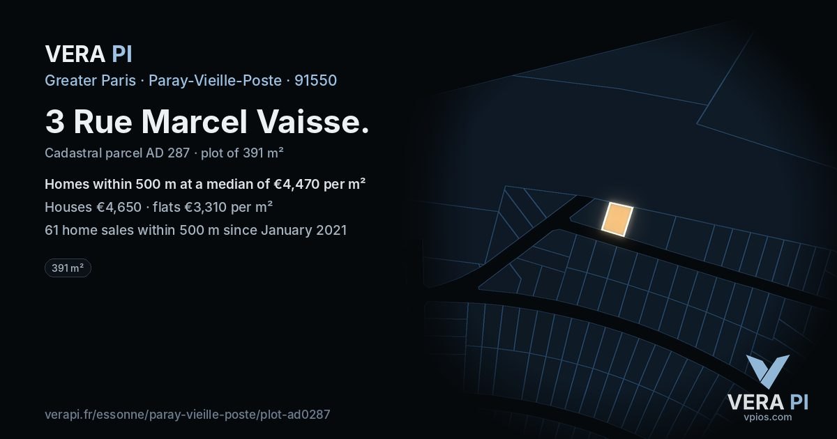 3 Rue Marcel Vaisse, Paray-Vieille-Poste at night – the plot lit, the parcels around coloured by the prices near them