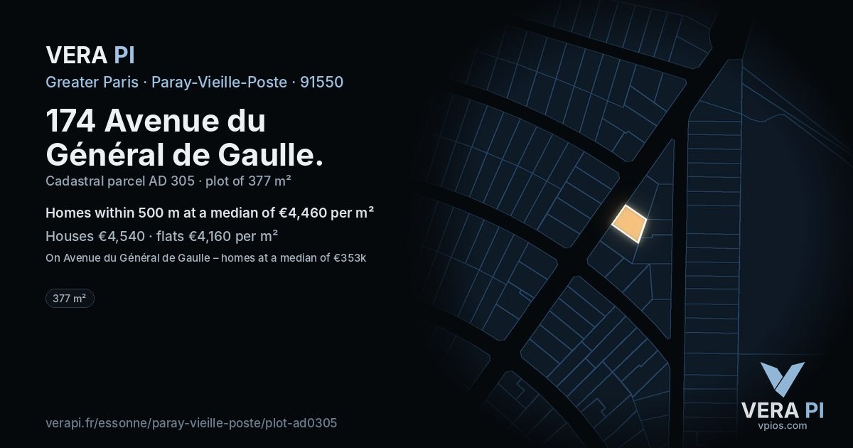 174 Avenue du Général de Gaulle, Paray-Vieille-Poste at night – the plot lit, the parcels around coloured by the prices near them