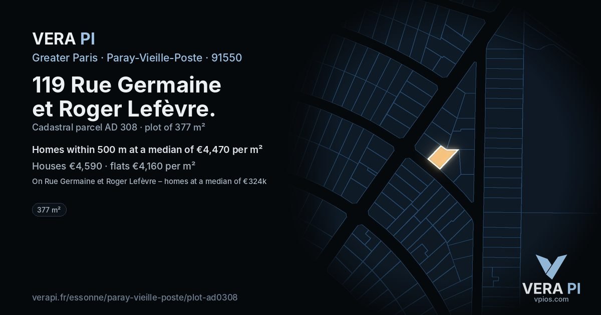 119 Rue Germaine et Roger Lefèvre, Paray-Vieille-Poste at night – the plot lit, the parcels around coloured by the prices near them