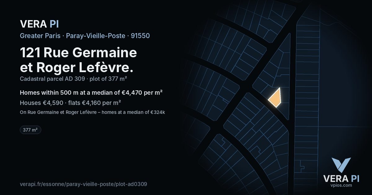 121 Rue Germaine et Roger Lefèvre, Paray-Vieille-Poste at night – the plot lit, the parcels around coloured by the prices near them