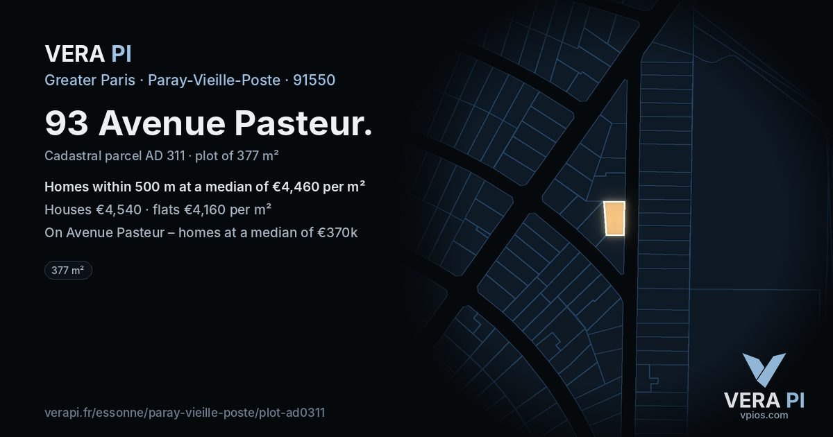 93 Avenue Pasteur, Paray-Vieille-Poste at night – the plot lit, the parcels around coloured by the prices near them