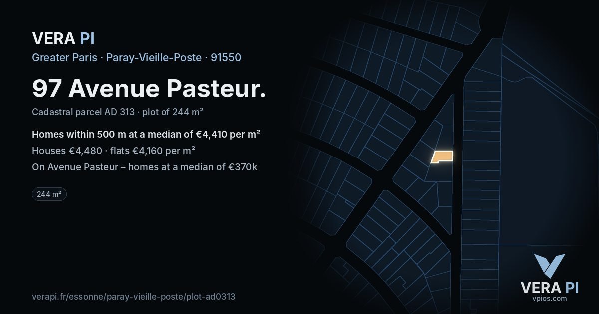 97 Avenue Pasteur, Paray-Vieille-Poste at night – the plot lit, the parcels around coloured by the prices near them