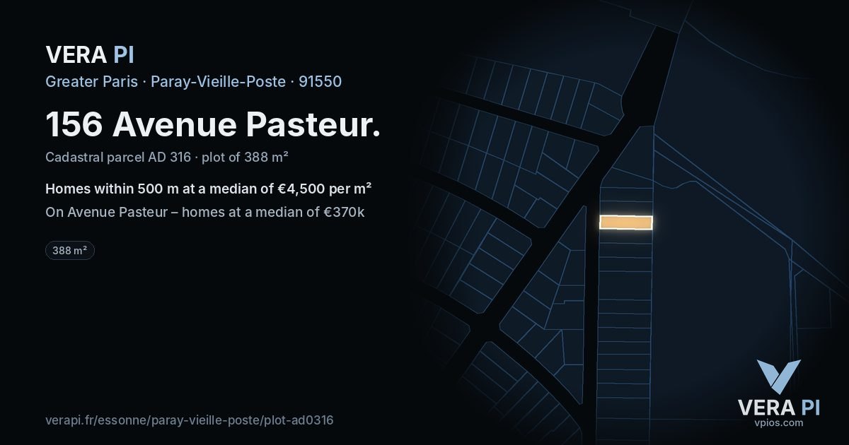 156 Avenue Pasteur, Paray-Vieille-Poste at night – the plot lit, the parcels around coloured by the prices near them