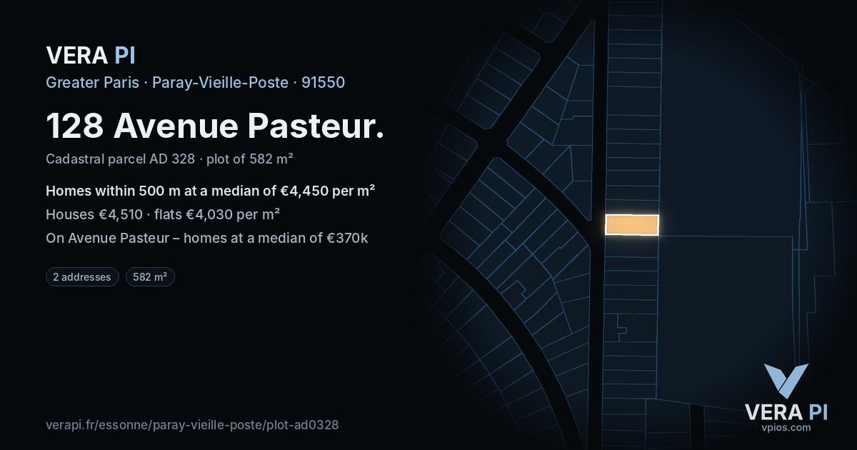 128 Avenue Pasteur, Paray-Vieille-Poste at night – the plot lit, the parcels around coloured by the prices near them