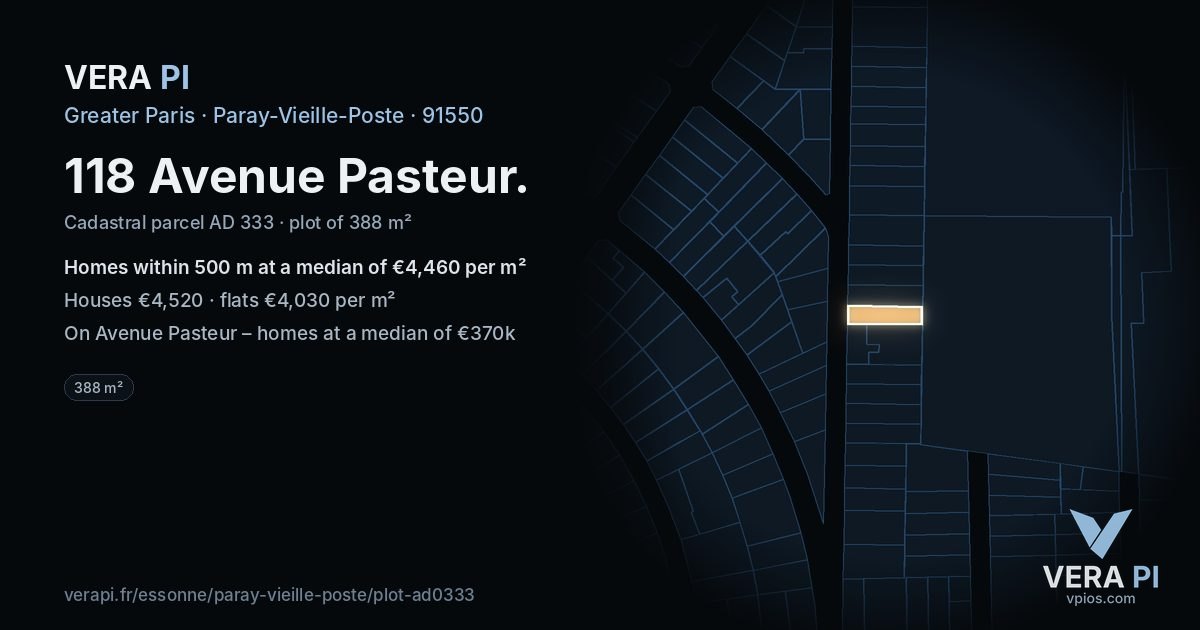 118 Avenue Pasteur, Paray-Vieille-Poste at night – the plot lit, the parcels around coloured by the prices near them