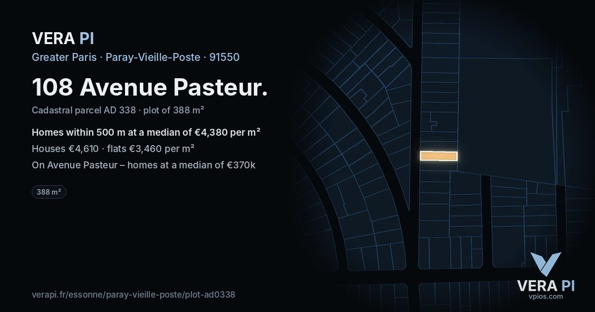 108 Avenue Pasteur, Paray-Vieille-Poste at night – the plot lit, the parcels around coloured by the prices near them