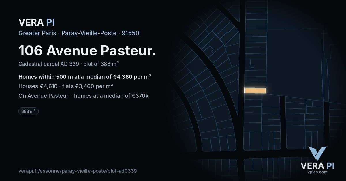 106 Avenue Pasteur, Paray-Vieille-Poste at night – the plot lit, the parcels around coloured by the prices near them
