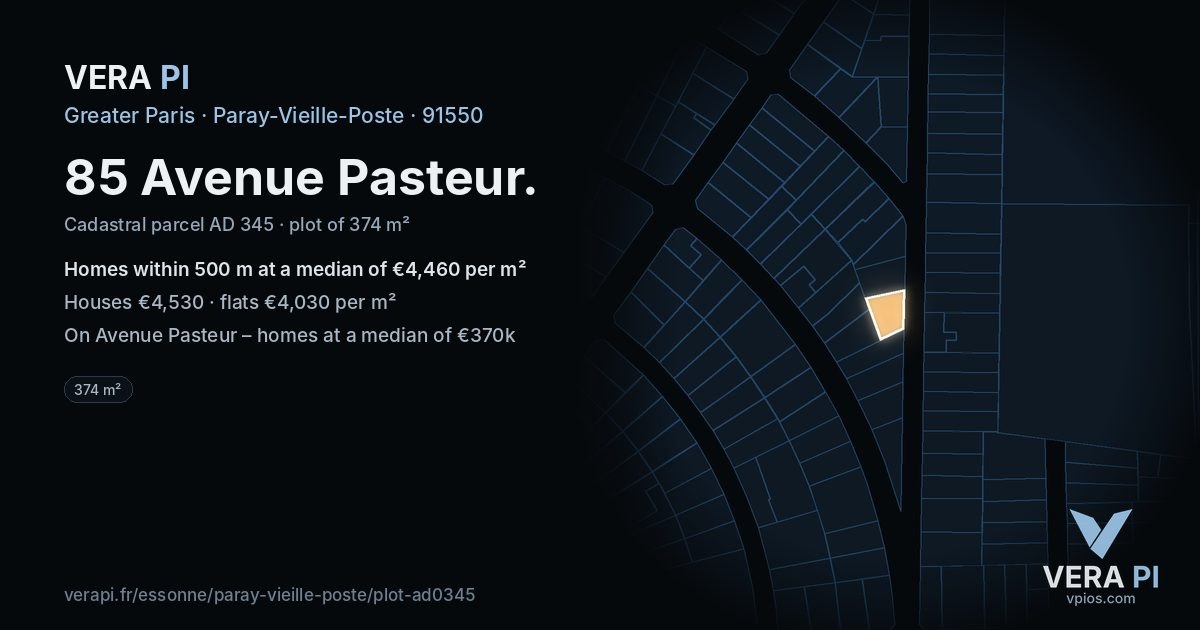 85 Avenue Pasteur, Paray-Vieille-Poste at night – the plot lit, the parcels around coloured by the prices near them