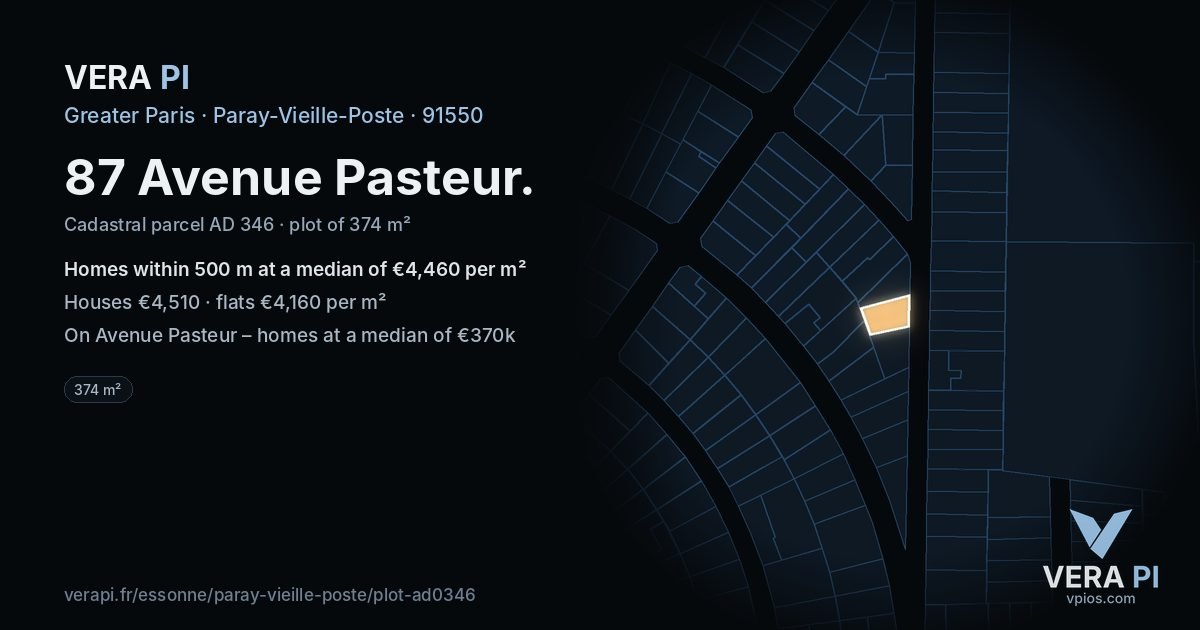 87 Avenue Pasteur, Paray-Vieille-Poste at night – the plot lit, the parcels around coloured by the prices near them