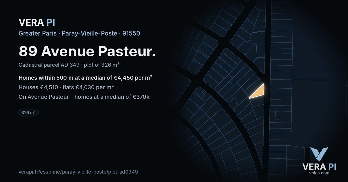 89 Avenue Pasteur, Paray-Vieille-Poste at night – the plot lit, the parcels around coloured by the prices near them