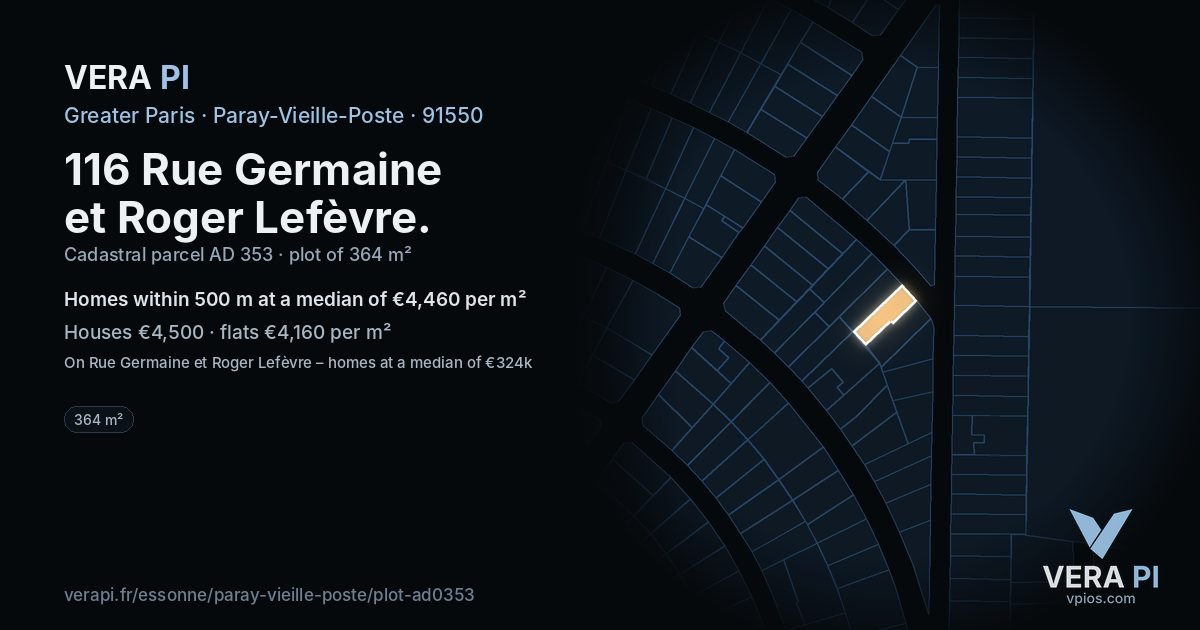 116 Rue Germaine et Roger Lefèvre, Paray-Vieille-Poste at night – the plot lit, the parcels around coloured by the prices near them