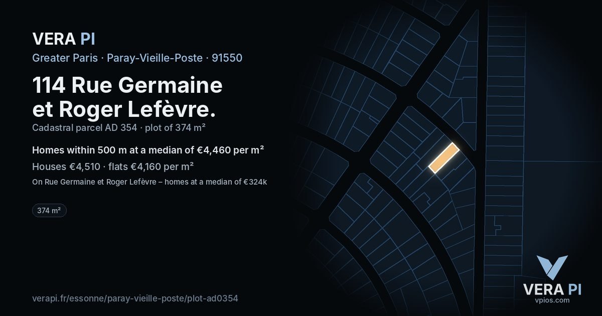 114 Rue Germaine et Roger Lefèvre, Paray-Vieille-Poste at night – the plot lit, the parcels around coloured by the prices near them