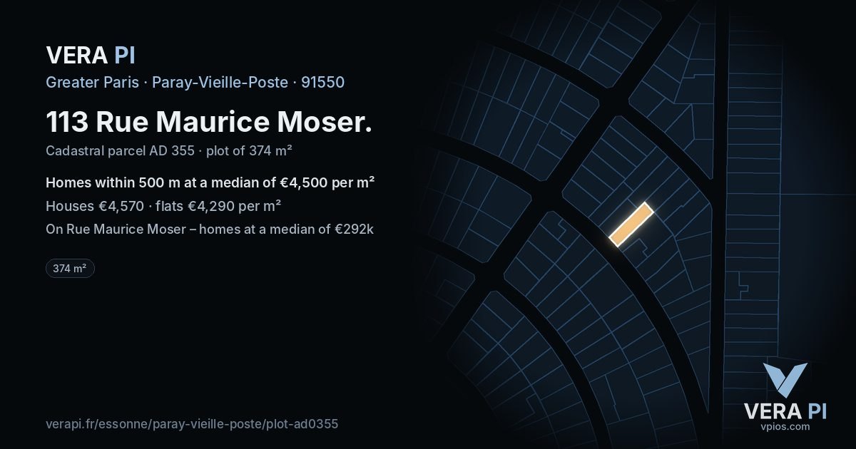 113 Rue Maurice Moser, Paray-Vieille-Poste at night – the plot lit, the parcels around coloured by the prices near them