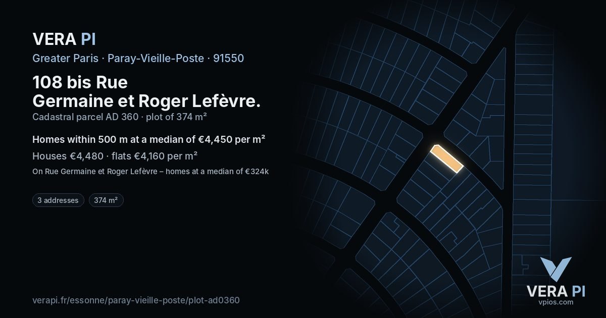 108 bis Rue Germaine et Roger Lefèvre, Paray-Vieille-Poste at night – the plot lit, the parcels around coloured by the prices near them