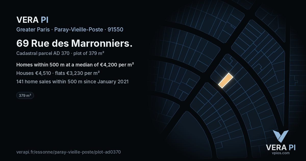 69 Rue des Marronniers, Paray-Vieille-Poste at night – the plot lit, the parcels around coloured by the prices near them