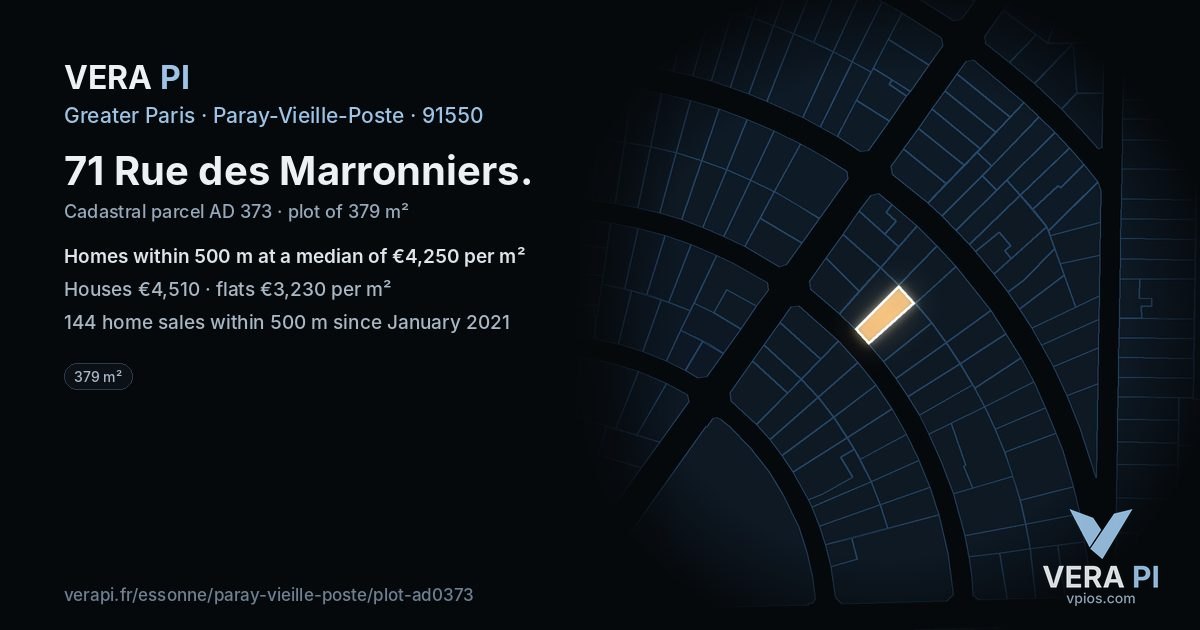 71 Rue des Marronniers, Paray-Vieille-Poste at night – the plot lit, the parcels around coloured by the prices near them