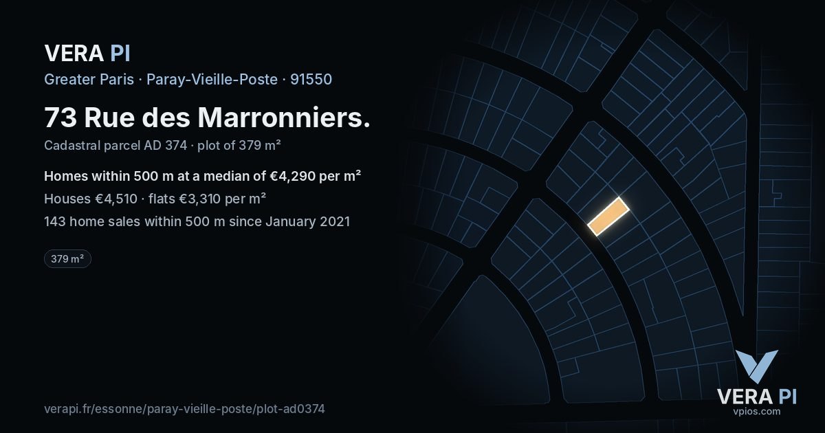 73 Rue des Marronniers, Paray-Vieille-Poste at night – the plot lit, the parcels around coloured by the prices near them