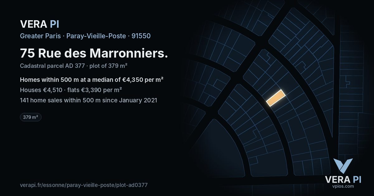 75 Rue des Marronniers, Paray-Vieille-Poste at night – the plot lit, the parcels around coloured by the prices near them