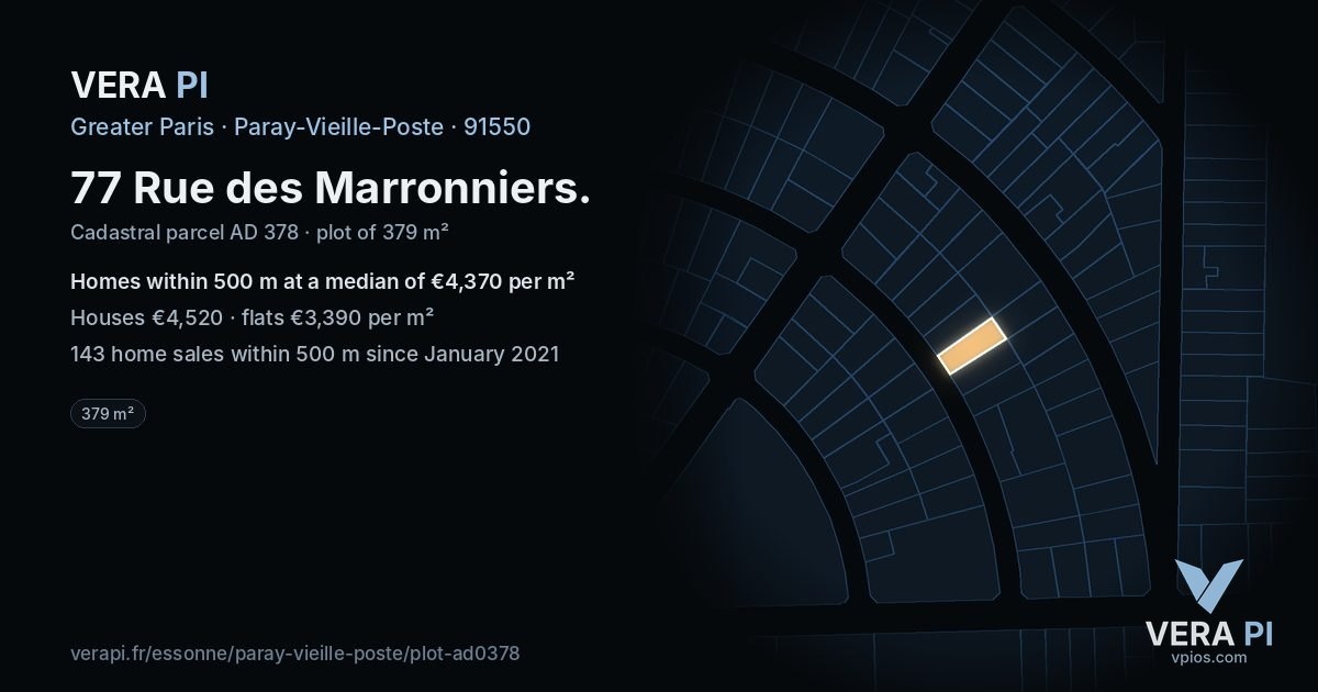 77 Rue des Marronniers, Paray-Vieille-Poste at night – the plot lit, the parcels around coloured by the prices near them