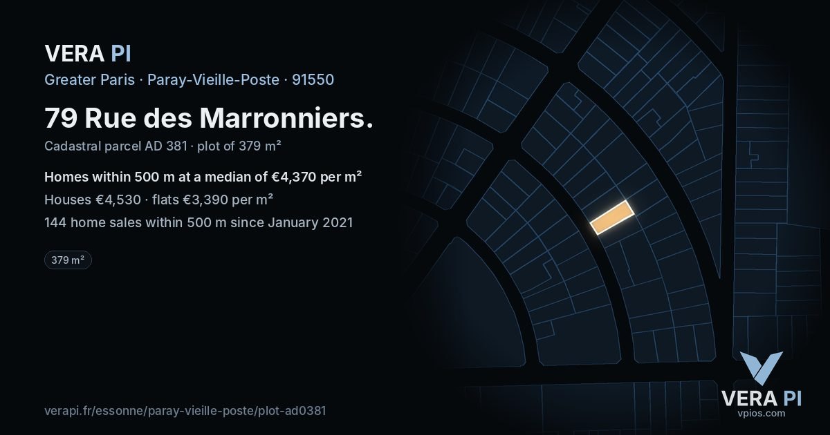 79 Rue des Marronniers, Paray-Vieille-Poste at night – the plot lit, the parcels around coloured by the prices near them