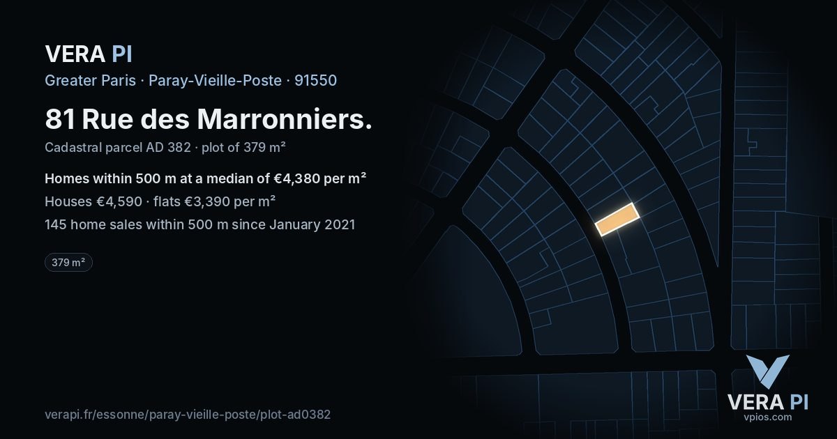 81 Rue des Marronniers, Paray-Vieille-Poste at night – the plot lit, the parcels around coloured by the prices near them
