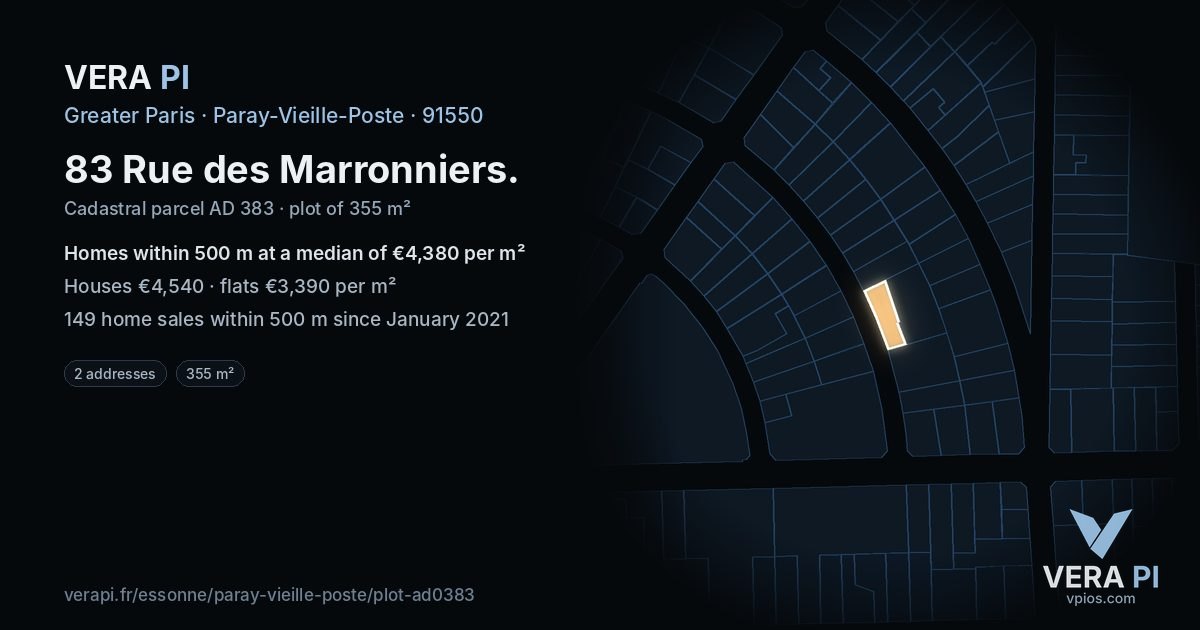 83 Rue des Marronniers, Paray-Vieille-Poste at night – the plot lit, the parcels around coloured by the prices near them