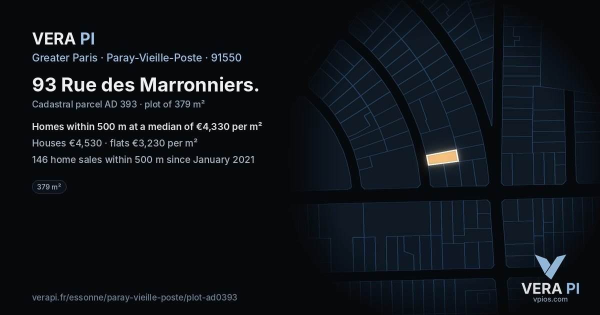 93 Rue des Marronniers, Paray-Vieille-Poste at night – the plot lit, the parcels around coloured by the prices near them